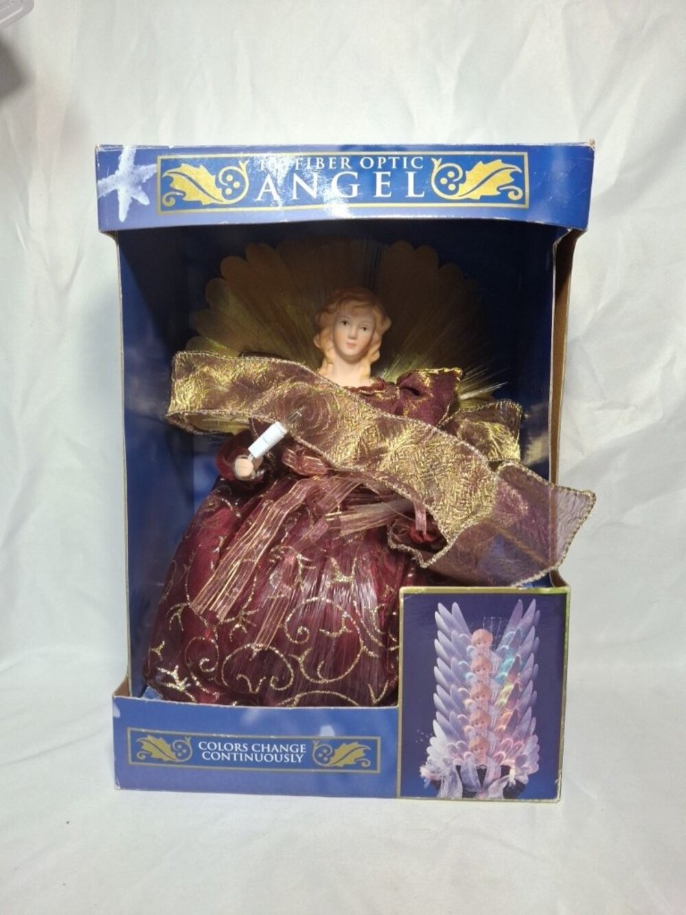 Vtg Fiber Optic Christmas Table Top Angel 10" Red Gold w/ Box,